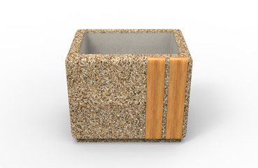 Prostokątna donica miejska wykonana w technologii betonu płukanego wzbogacona o drewniane elementy.