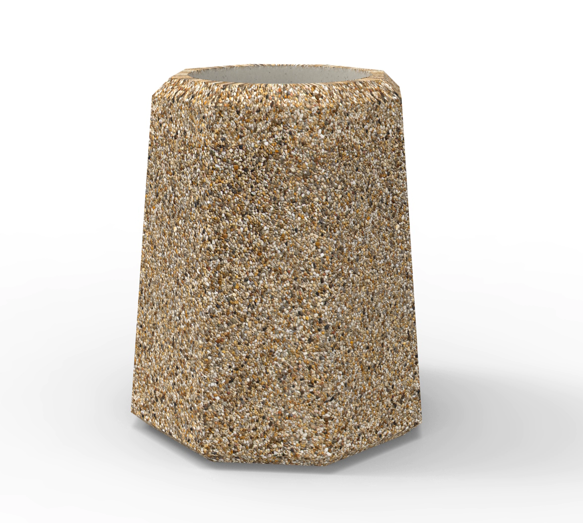 Kosz miejski o pojemności 90 litrów to największa opcja kosza z rodziny ośmiokątnych koszy miejskich PRIMA, wykonanych w technologii betonu płukanego.