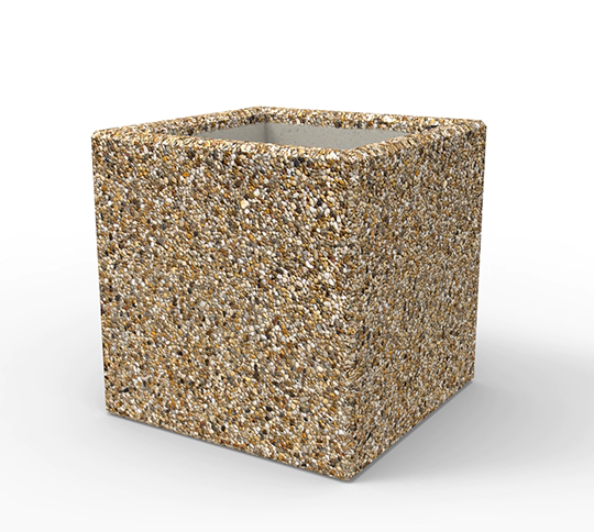 Kwadratowe donice betonowe ROZALIA wykonane w technologii betonu płukanego. Donice dostępne w bogatej ofercie kolorów kruszyw naturalnych