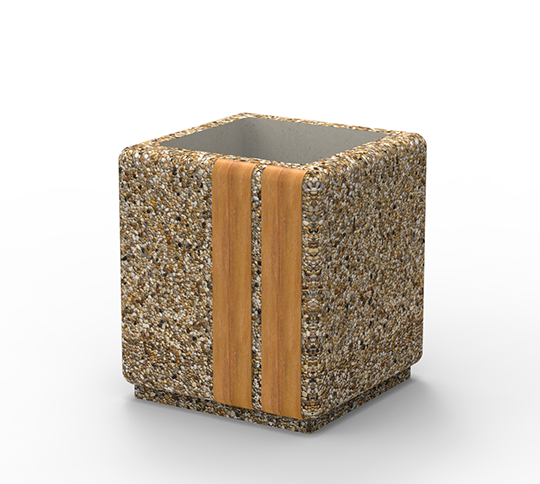 Kwadratowe donice betonowe LARGO 1 w którch powierzchnia betonu płukanego została wzbogacona elementami drewnianymi.
