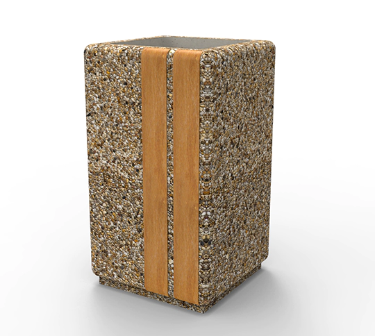 Wyższe kwadratowe donice betonowe z rodziny produktów LARGO, w których powierzchnia z odsłoniętym kruszywem została wzbogacona o elementy drewniane.