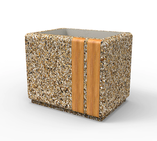 Donica prostokątna z seri produktow LARGO, wykonana w technologii betonu płukanego z elementami z drewna iglastego lub egzotycznego