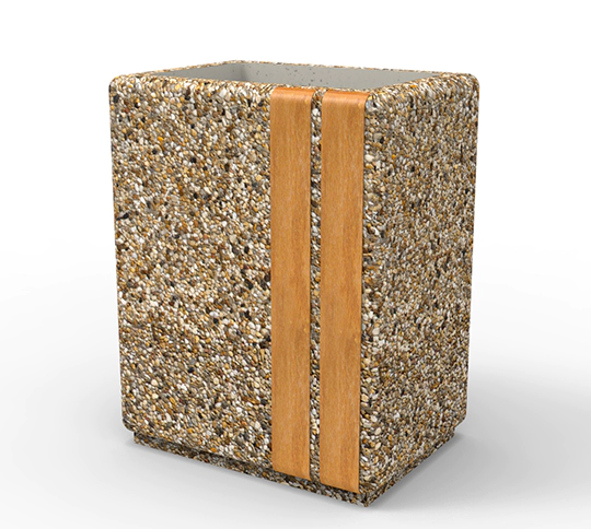 Prostokątne donice betonowe wykonane w technologii betonu płukanego w których powierzchnia betonu wzbogacona została o elementy drewniane.