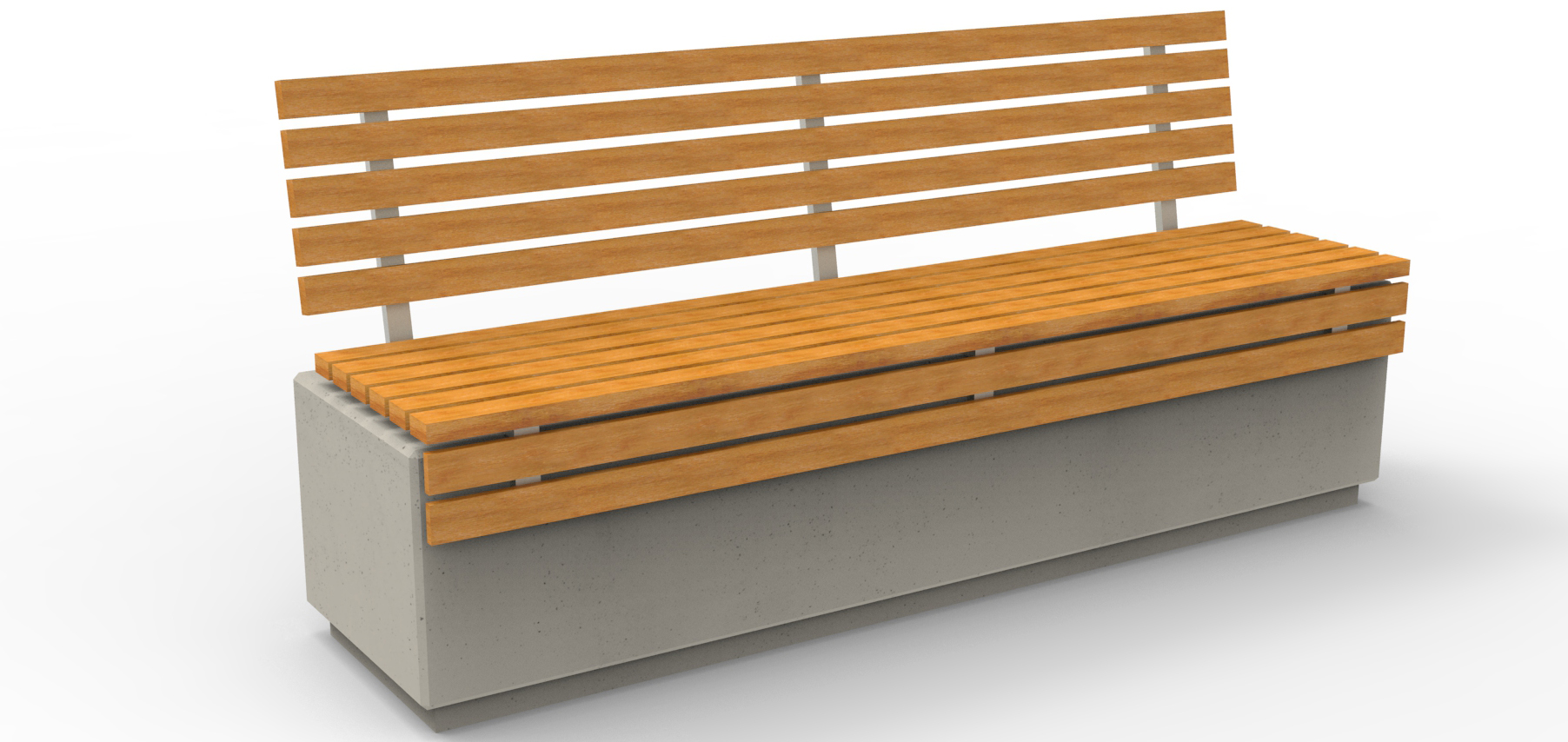 Ławka z betonu architektonicznego z wygodnym drewnianym siedziskiem bez oparcia, wykonana przez producenta betonowych mebli miejskich. 