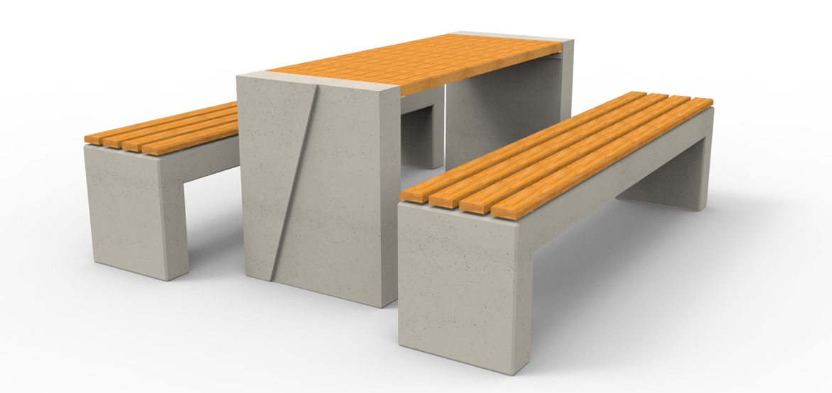 Dwie ławki WEGA deco bez oparcia oraz stół WISA deco. Wykonane w technologii betonu architektonicznego.