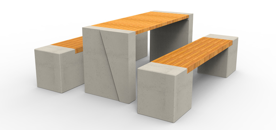 Dwie ławki WEGA deco bez oparcia oraz stół WISA deco. Wykonane w technologii betonu architektonicznego.