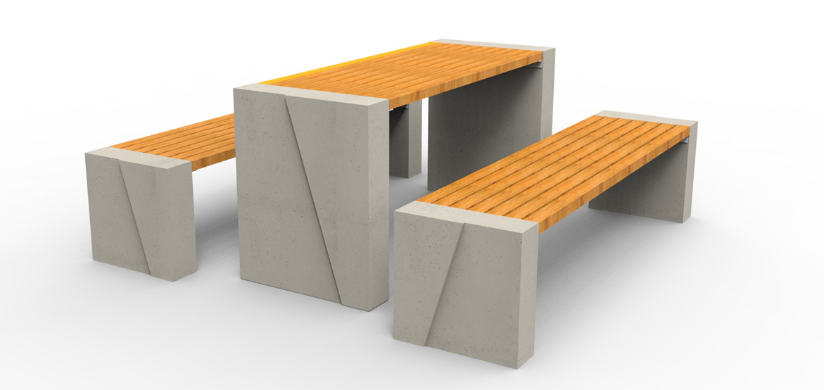 Dwie ławki WISA deco bez oparcia oraz stół WISA deco. Wykonane w technologii betonu architektonicznego.