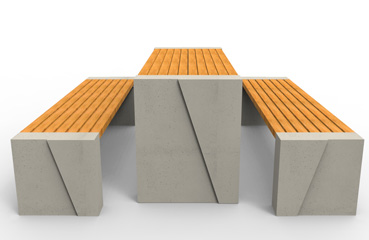 Nowoczesne ławki betonowe oraz stół, wykonane w technologii betonu architektonicznego.