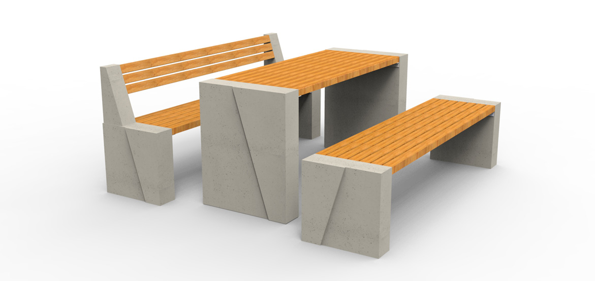 Dwie ławki WISA deco z oparciem oraz stół WISA deco. Wykonane w technologii betonu architektonicznego.