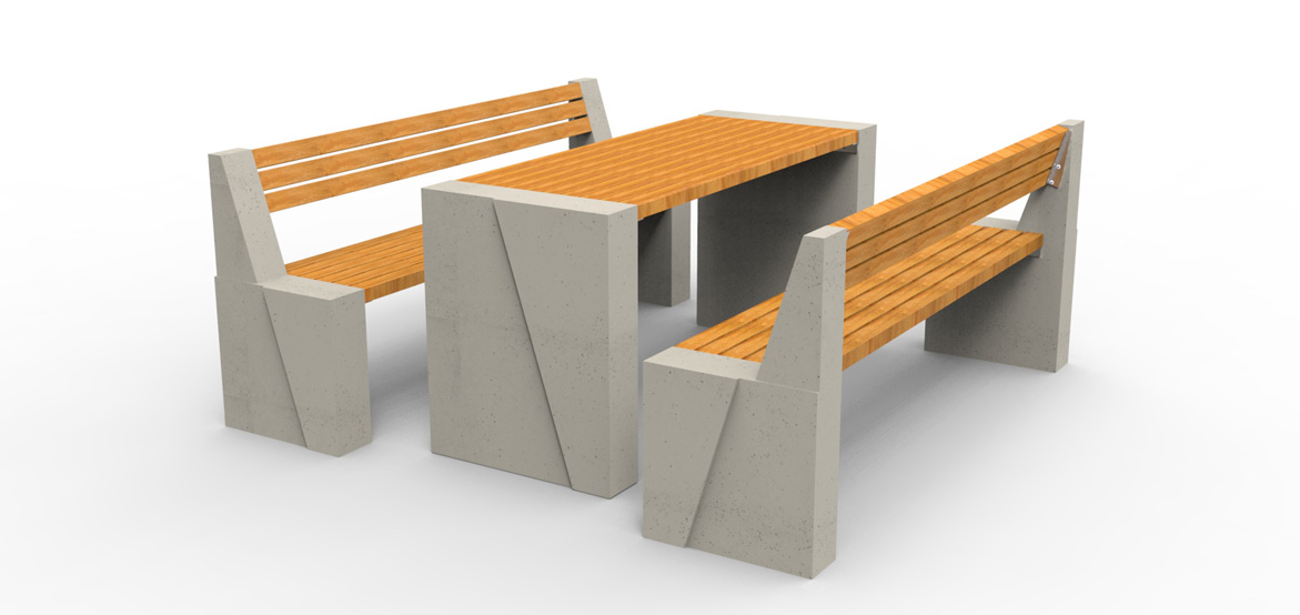 Dwie ławki WISA deco z oparciem oraz stół WISA deco. Wykonane w technologii betonu architektonicznego.