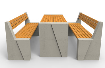 Nowoczesne ławki betonowe oraz stół, wykonane w technologii betonu architektonicznego.