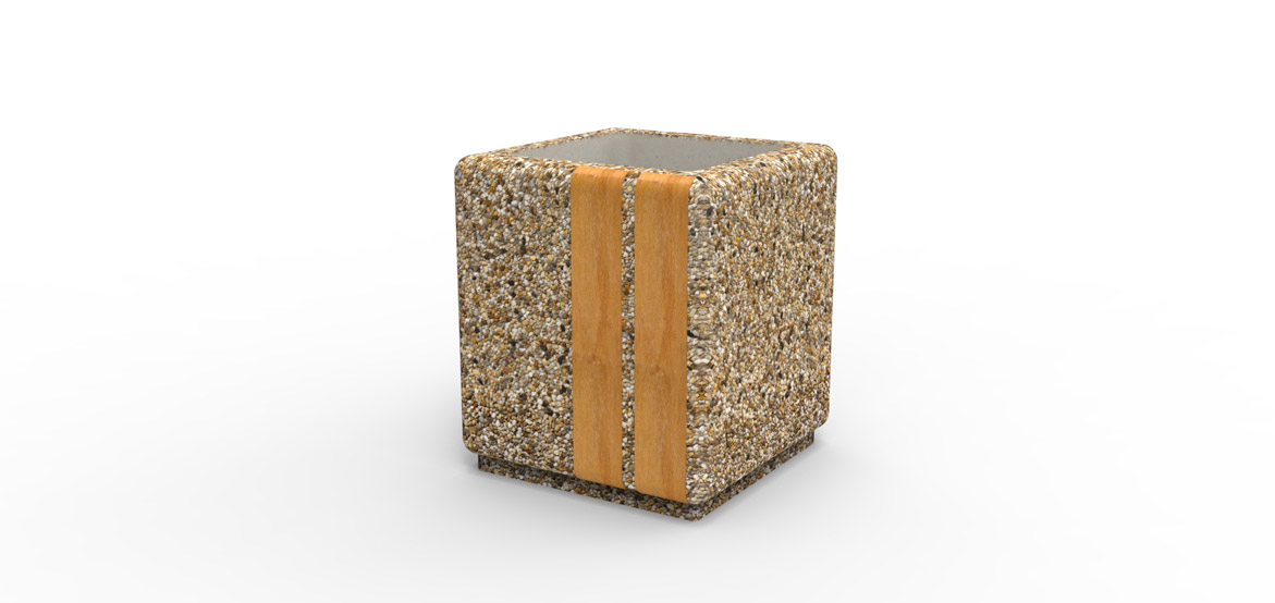 Elagancka donica miejska wykonana w technologii betonu płukanego wzbogawcona o elementy drewniane.