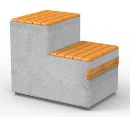 Dwupoziomowe siedzisko w którym surową powierzchnię betonu wzbogacono o elementy drewniane.