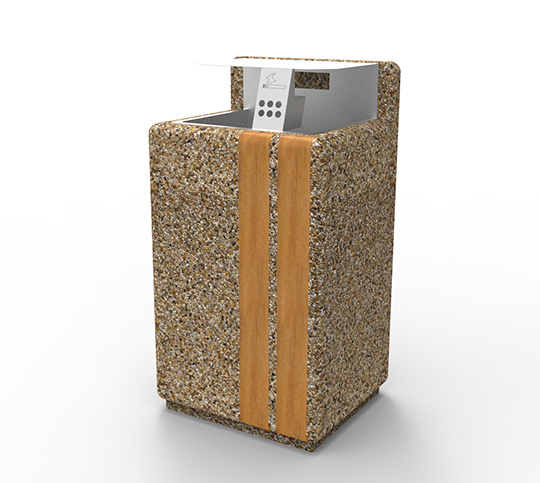Betonowy kosz parkowy wykonanay w technologii betonu płukanego z drewnianymi elementami