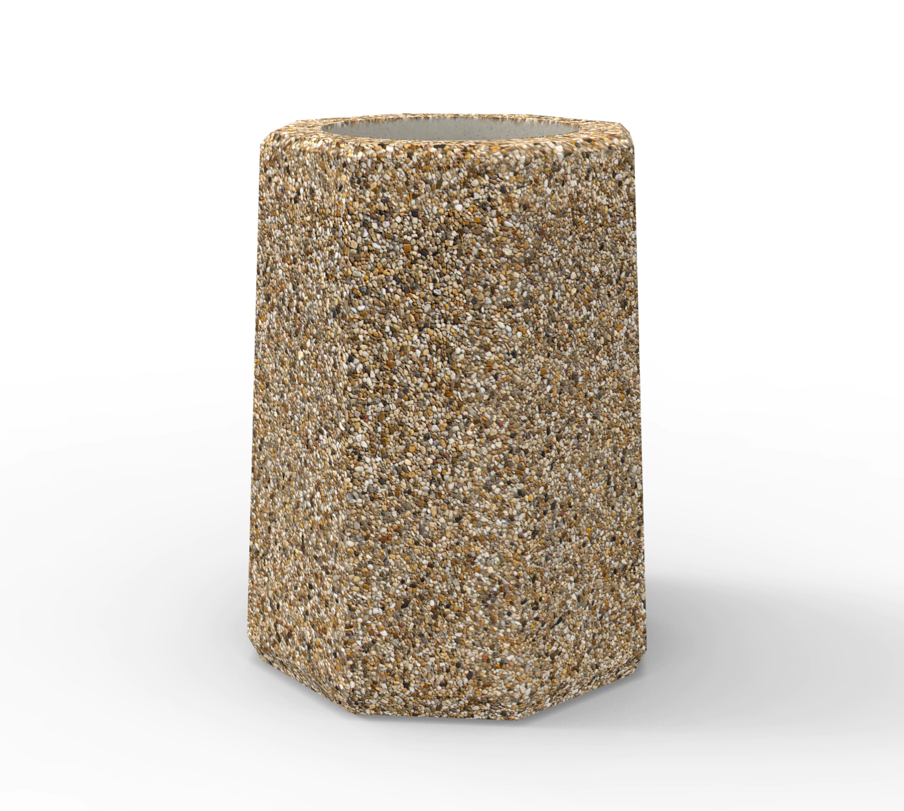 Masywny betonowy kosz na śmieci dostępny w różnorodnej palecie kolorów betonu płukanego.