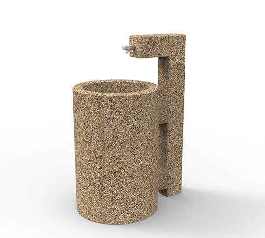 Nowoczesny, okrągły punkt czerpania wykonany na bazie naturalnych kruszyw w technologii betonu płukanego, co gwarantuje wysoką odporność na czynniki atmosferyczne oraz wysoki standard wykończenia.