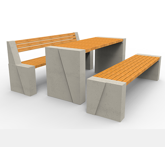Betonowe zestawy piknikowe wykonane w technologii betonu architektonicznego oraz płukanego.